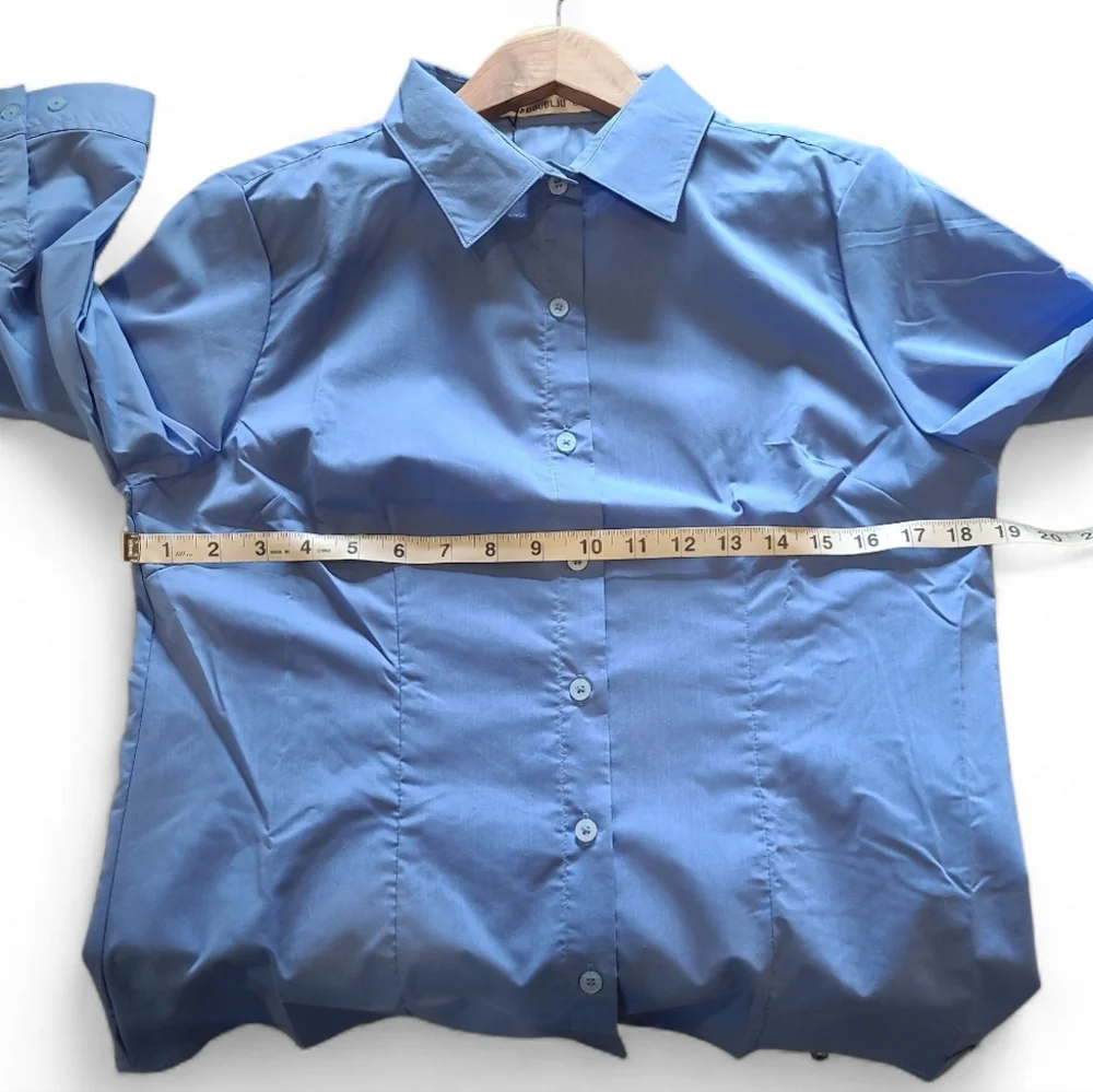 Women's Doublju Brand Slim Fit Dress Shirt Half Sleeve Stretch Size L Blue NWT! - Picture 6 of 12